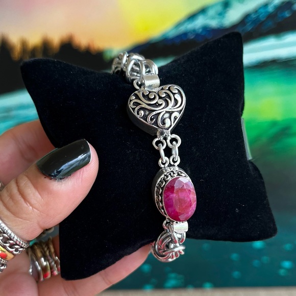 Handmade maille link bracelet . Indian ruby gem clasp heart love boho silver - Picture 4 of 14